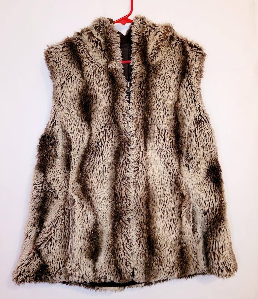 Vintage Kristen Blake grey faux fur quilted reversible hooded vest XL Ski Glam